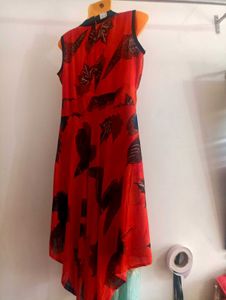 Red Leaf Print No Sleaves  Dress