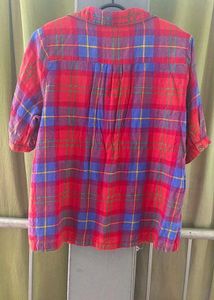 Red Plaid Denim Trim Top