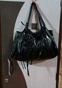 Black Faux Leather Floral Tote Bag