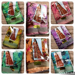 New Elegant Floral Print Linen Cotton Saree With B