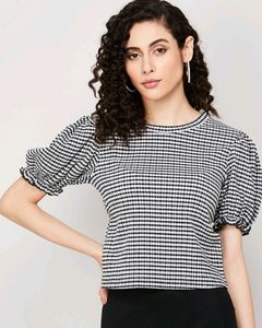 Fitted Black And White Checked Top