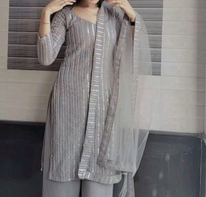 Grey Colour Full Pair Sequence Kurta Plazo And Du