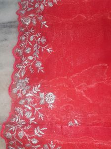 Red Organze Embroidery Saree With Velvet Blowse