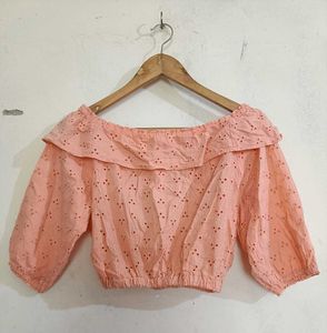 Peach Eyelet Off-the-Shoulder Crop Top