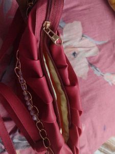Red Ruched Pearl Chain Bag