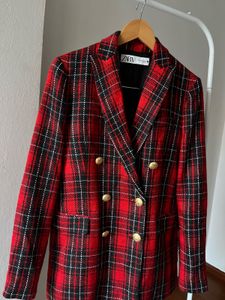 ZARA RED Checked Double Breasted Blazer