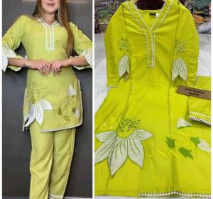 Lime Green Floral Embroidered Suit