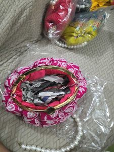 Pink Embroidery Potli Clutch With Pearl Handle