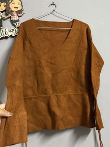 Brown V-Neck Knit Top