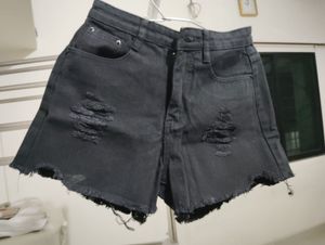 Distressed Black Denim Shorts