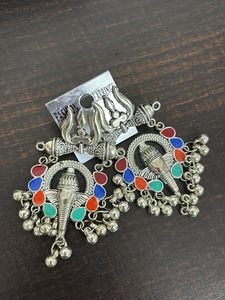 Ganesha Trishul Colourful Silver Jhumka