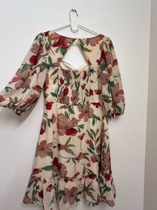 Cream-Coloured &amp; Maroon Floral Printed Dress