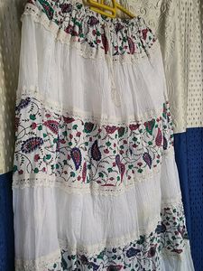 Beautiful  White Long Skirt With Printed Flowering Design Also With Lase