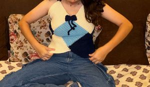 Blue &amp; cream colour blocked top with bows