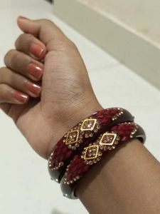 Burgundy & Gold Beaded Bangle Set