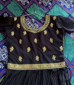 Elegant Navy &amp; Gold Embroidered Dress
