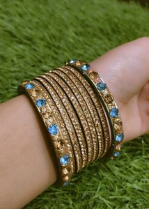 Blue &amp; Gold Beaded Bangle Set