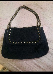 Black Fuzzy Studded Chain Bag