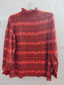 🔥 Vibrant Red Printed High-Neck Top 🔥