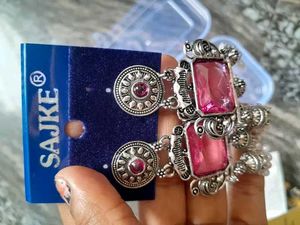 Oxidized Silver Work Pink Jhumka Earrings