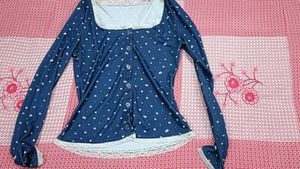 Lace Trimmed Navy Long Sleeve Top