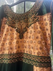 Elegant Green &amp; Gold Anarkali Dress