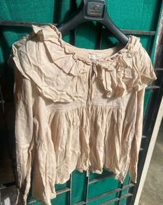 Beige Linen Ruffle Blouse
