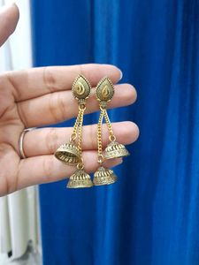 Antique Gold Dual-Jhumka Chain Earrings