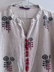 Off-White Printed Cotton Straight Kurta With Trous