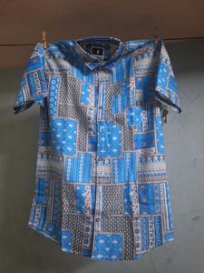 Bold Blue Patchwork Print Short-Sleeve Shirt