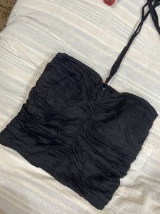 halter neck padded black crop top