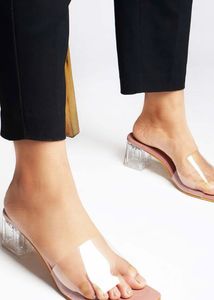 Nude Block Heel Mules with Clear Strap