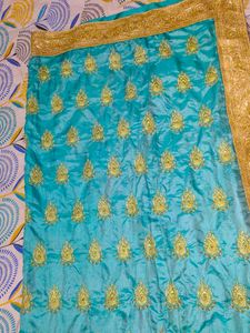 Elegant Blue Embroidered Saree New Without Tag