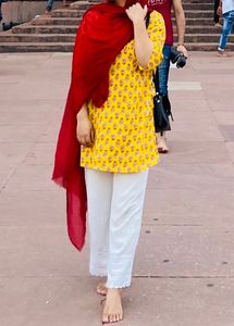 Yellow Floral Cotton  Kurti