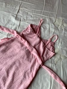 Pink Shoulder Strap Self Design Ruffled Dress