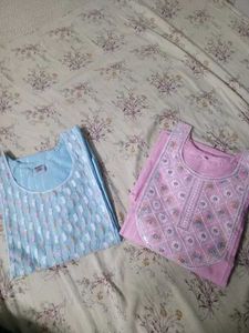 Elegant Cotton Kurti Combo (Pink &amp; Sky Blue)