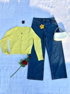 Outfit Set - Yellow Cardigan &amp; Wide Leg Jeans