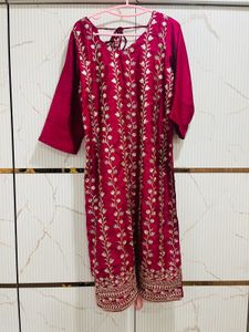 Wine Red Embroidered Kurti with Dupatta