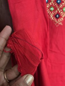 Red &amp; Blue Embroidered Kurti with Skirt