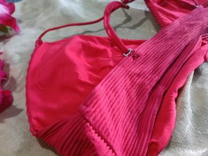 Pink Ribbed Halter Bikini Top