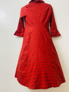 COTTINFAB Red Checked Shirt Dress