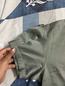 Green Button-Down Top Satin