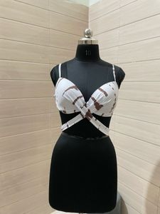 Imported White &amp; Brown Bikini Top