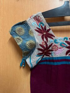 Magenta Pleated Tunic - Floral Yoke - Size L