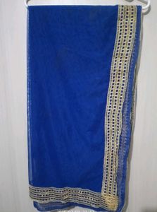 Blue Net Dupatta with Gold Trim