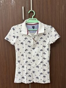 Price Drop || White Printed PoloTshirt With Zippe