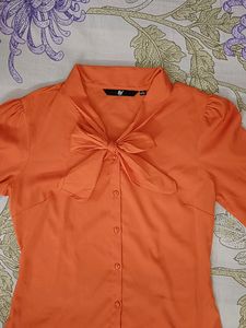 Orange Shirt With Tie Up Neckline By Fig In Small