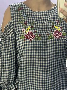 Gingham Embroidered Top