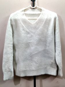premium imported white V-neck mohair sweater.