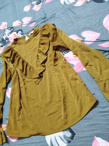 Ruffled Long Sleeve Blouse Olive Color